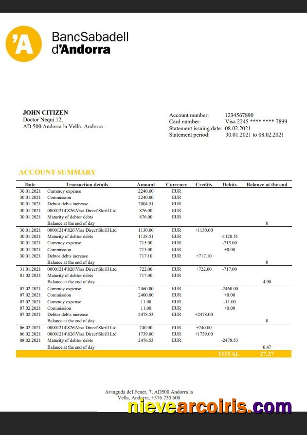 Andorra BancSabadell d'Andorra bank statement
